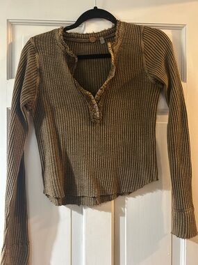 Free People Olive Waffle Henley Long Sleeve Top